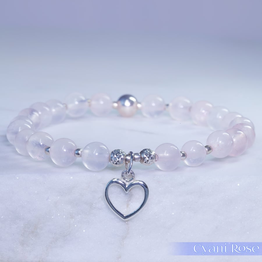  Bracelet rose quartz and sterling silver heart charm stretchy handmade