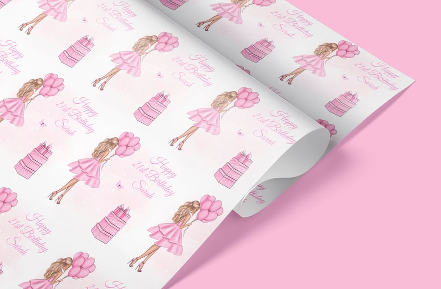 Personalised Pink dress milestone Birthday wrapping paper
