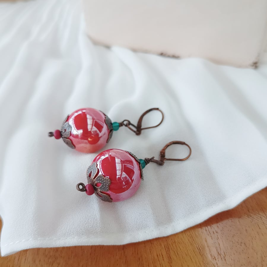 Chunky Ceramic Beads Earrings, Red & Copper