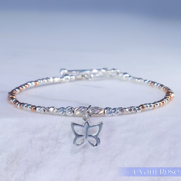 Butterfly sterling silver and rose gold unique bracelet 