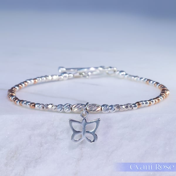 Butterfly sterling silver and rose gold unique bracelet 