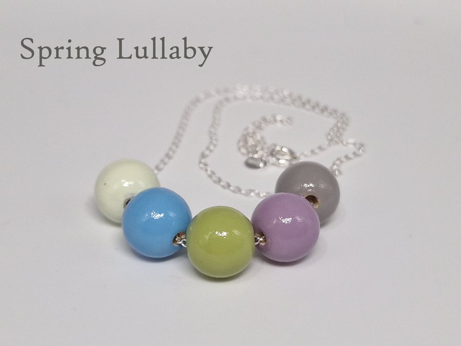 Spring Lullaby - hand painted - wooden bead & sterling silver necklace