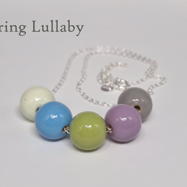 Spring Lullaby - hand painted - wooden bead & sterling silver necklace