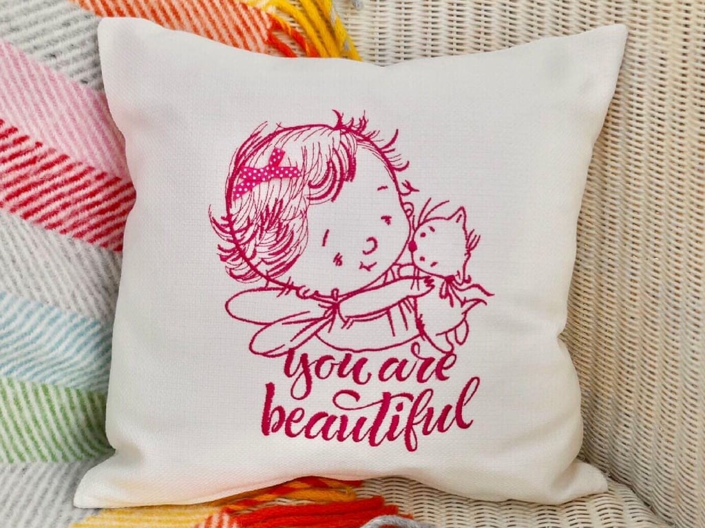 Embroidered Scatter Cushion: Pink Child and Cat Design