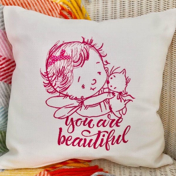 Embroidered Scatter Cushion: Pink Child and Cat Design