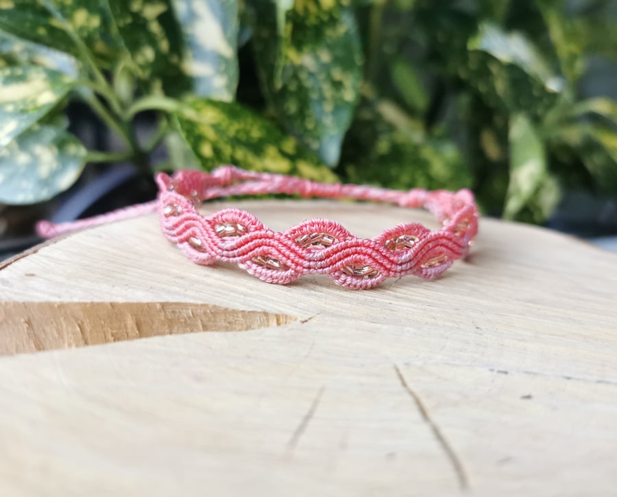 Coral pink Macrame Bracelet with glass seed beads.