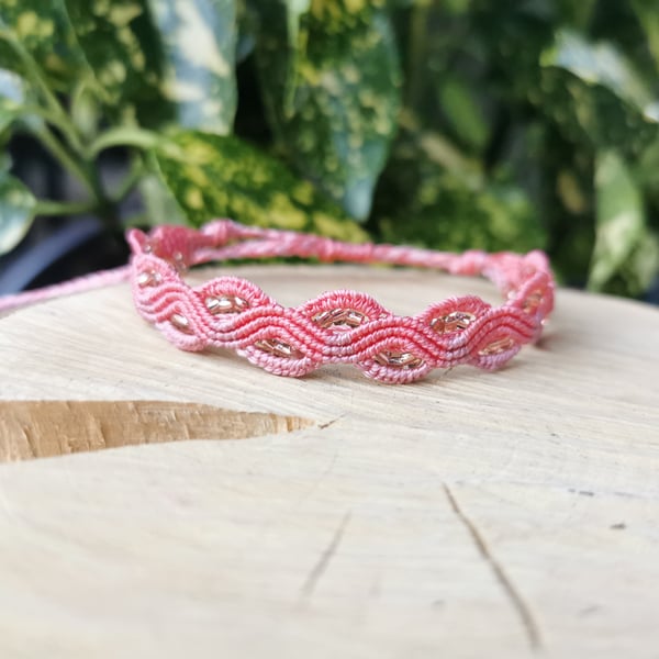 Coral pink Macrame Bracelet with glass seed beads.