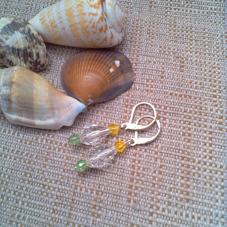 Clear Green and Yellow Crystal Drop Bead Earrings, Gift for Her, Birthday Gift