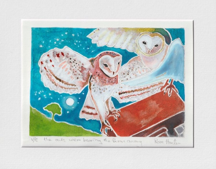 the owls - original hand painted lino print  - poem 'Fern Hill' 013