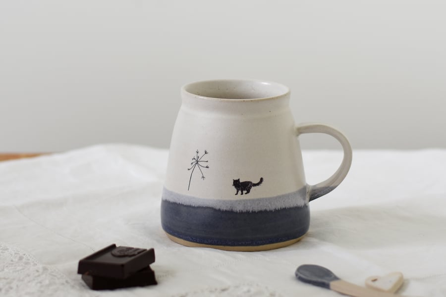 Ceramic cat mug, handmade blue and white ceramic coffee tea mug