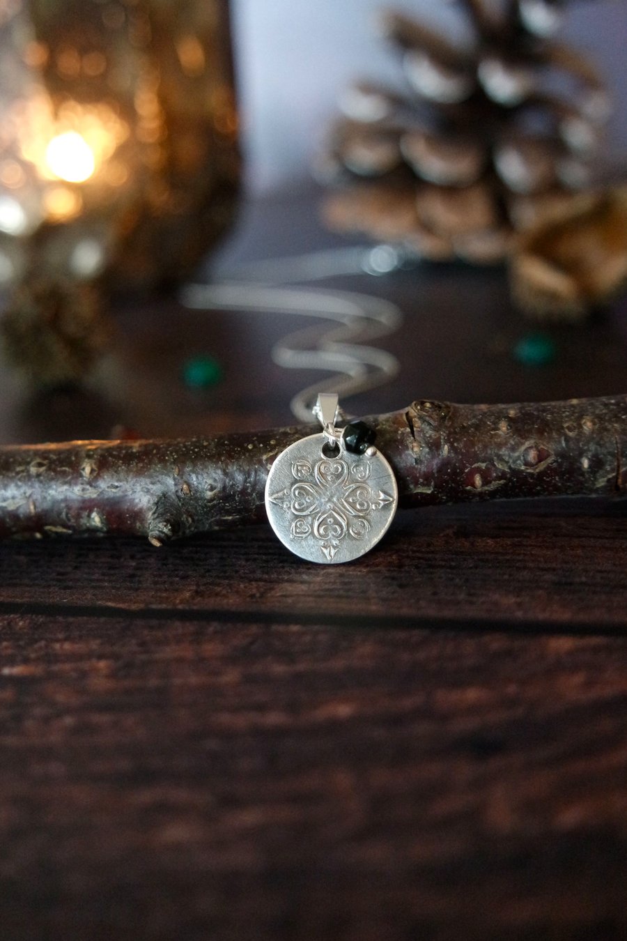 festive Silver Necklace, star pendant, silver, black gemstone, tourmaline