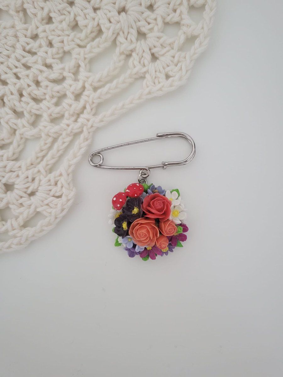 Handmade Orange Rose Polymer Clay Brooch - Fairy Tale Bouquet Brooch