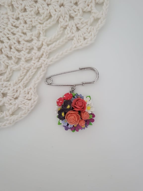 Handmade Orange Rose Polymer Clay Brooch - Fairy Tale Bouquet Brooch