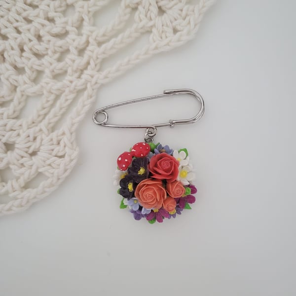Handmade Orange Rose Polymer Clay Brooch - Fairy Tale Bouquet Brooch