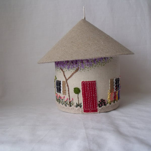 cute embroidered house storage box with removable lid