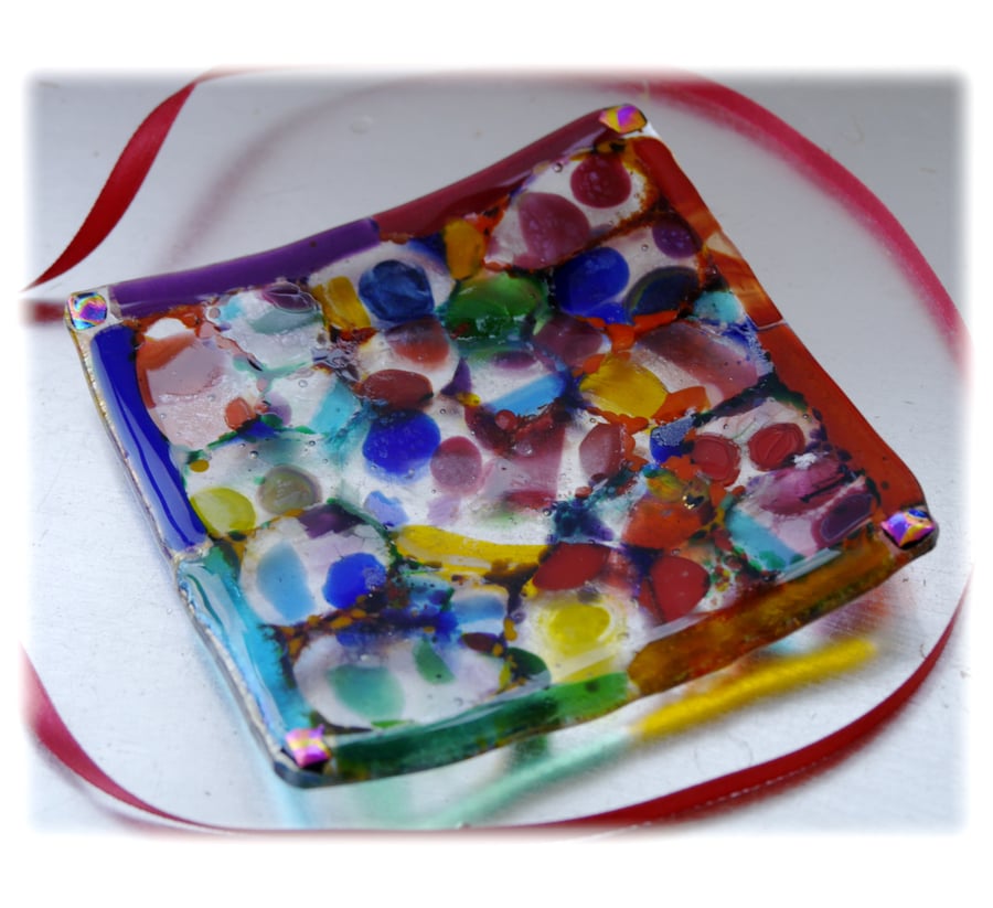 Rainbow Square Glass Trinket Dish 12cm Swirl Nugget