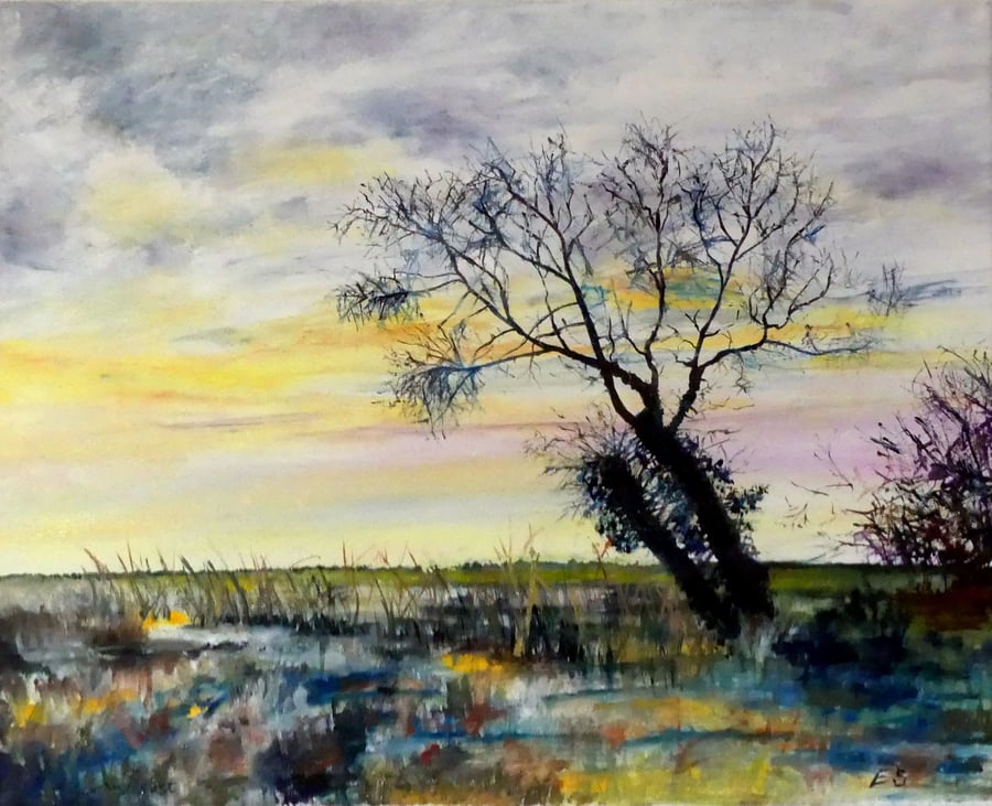 Fen Landscape  Original Oil Painting Of Tree And Fields