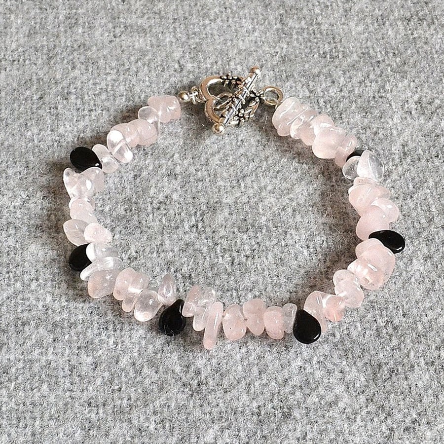 Rose Quartz Chip and Black Pip Bead Bracelet with Toggle Clasp