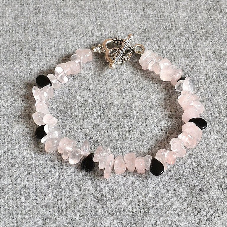 Rose Quartz Chip and Black Pip Bead Bracelet with Toggle Clasp