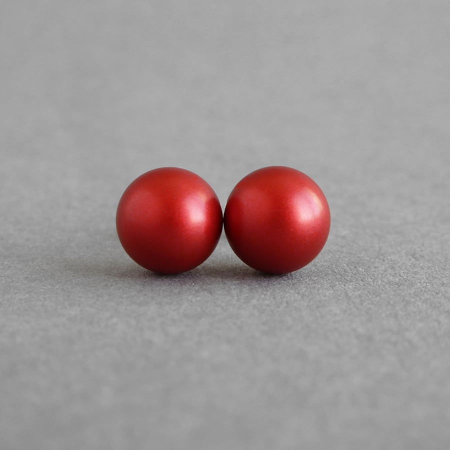 8mm Bright Red Round Pearl Studs - Everyday Christmas Red Stud Earrings - Gifts