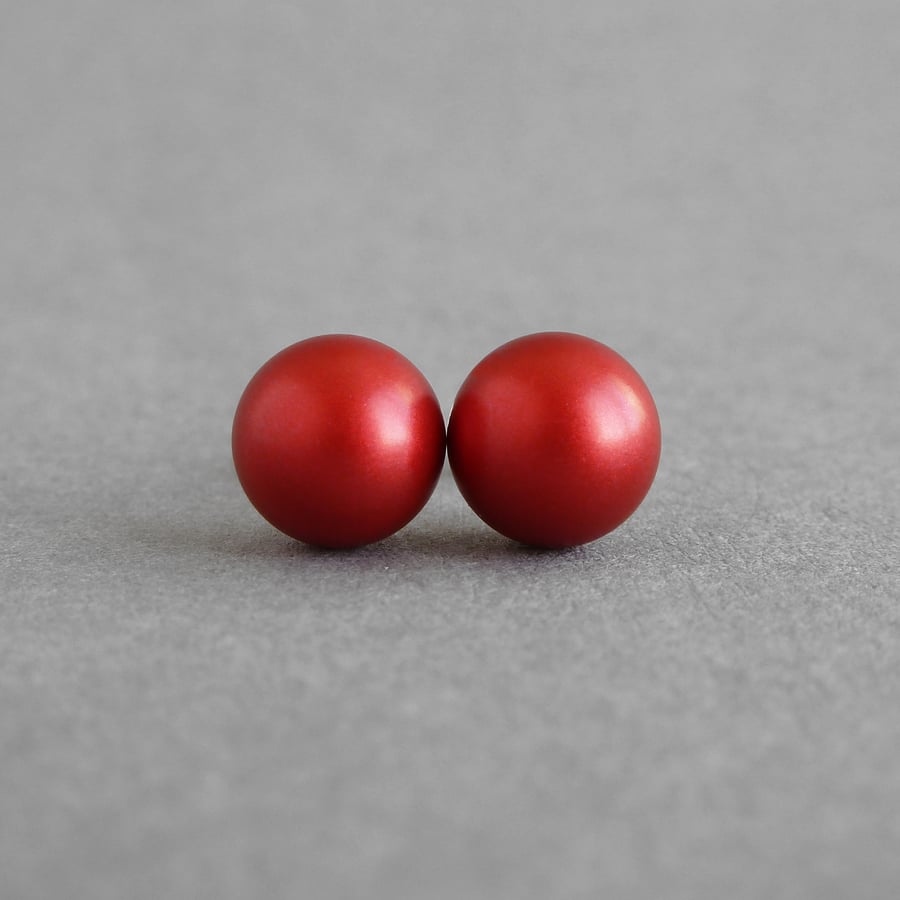 8mm Bright Red Round Pearl Studs - Everyday Christmas Red Stud Earrings - Gifts