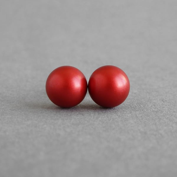 8mm Bright Red Round Pearl Studs - Everyday Christmas Red Stud Earrings - Gifts
