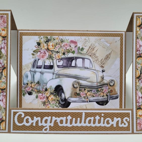 Wedding Congratulations Card - Wedding Car Flowers Inverted Stepper