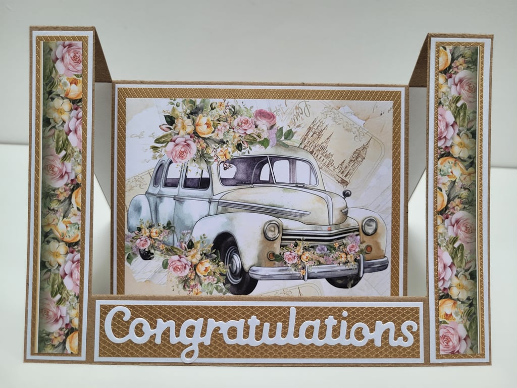 Wedding Congratulations Card - Wedding Car Flowers Inverted Stepper