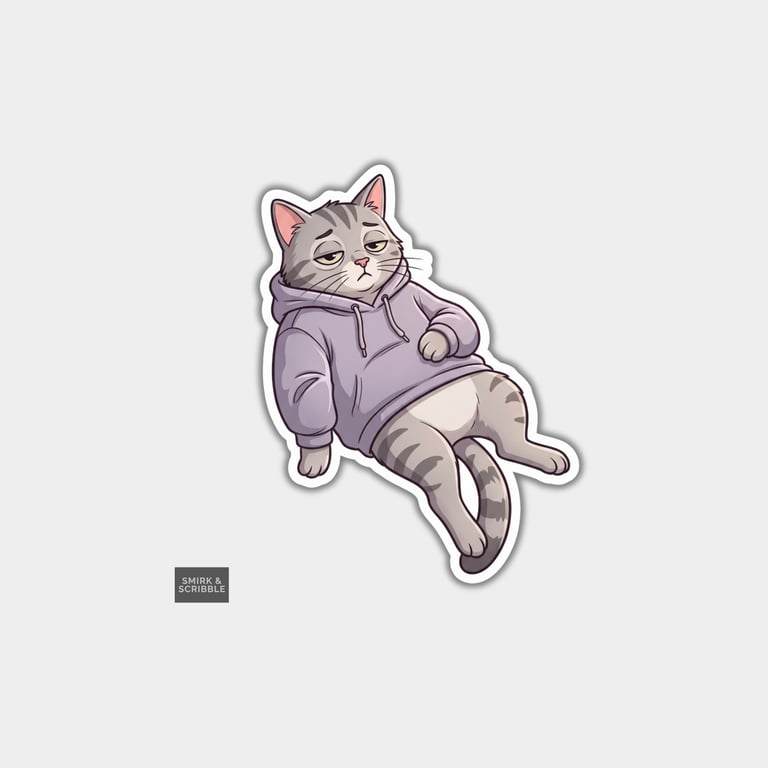 Funny Die Cut Vinyl Sticker - Tired Cat In Hoodie