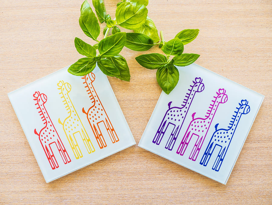 glass giraffe coasters matching coffee espresso mug cup rainbow colours fun gift