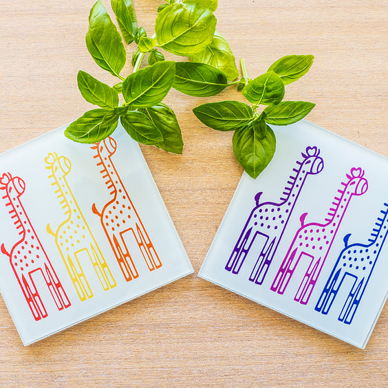 glass giraffe coasters matching coffee espresso mug cup rainbow colours fun gift