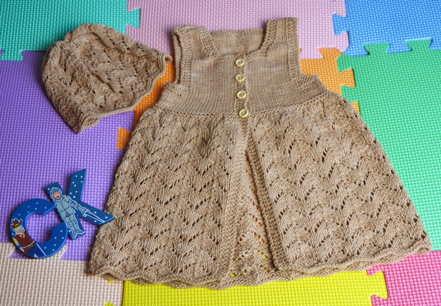 Hand Knitted Baby Beach Dress Hat 100% Organic Cotton Beige 3-6 months