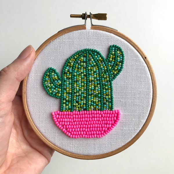 Hand Beaded Cactus Hoop Art Wall Decoration