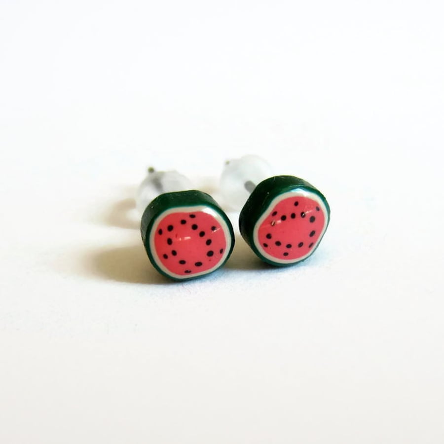 Tiny Watermelon Fruit Slice Stud Earrings - 6mm