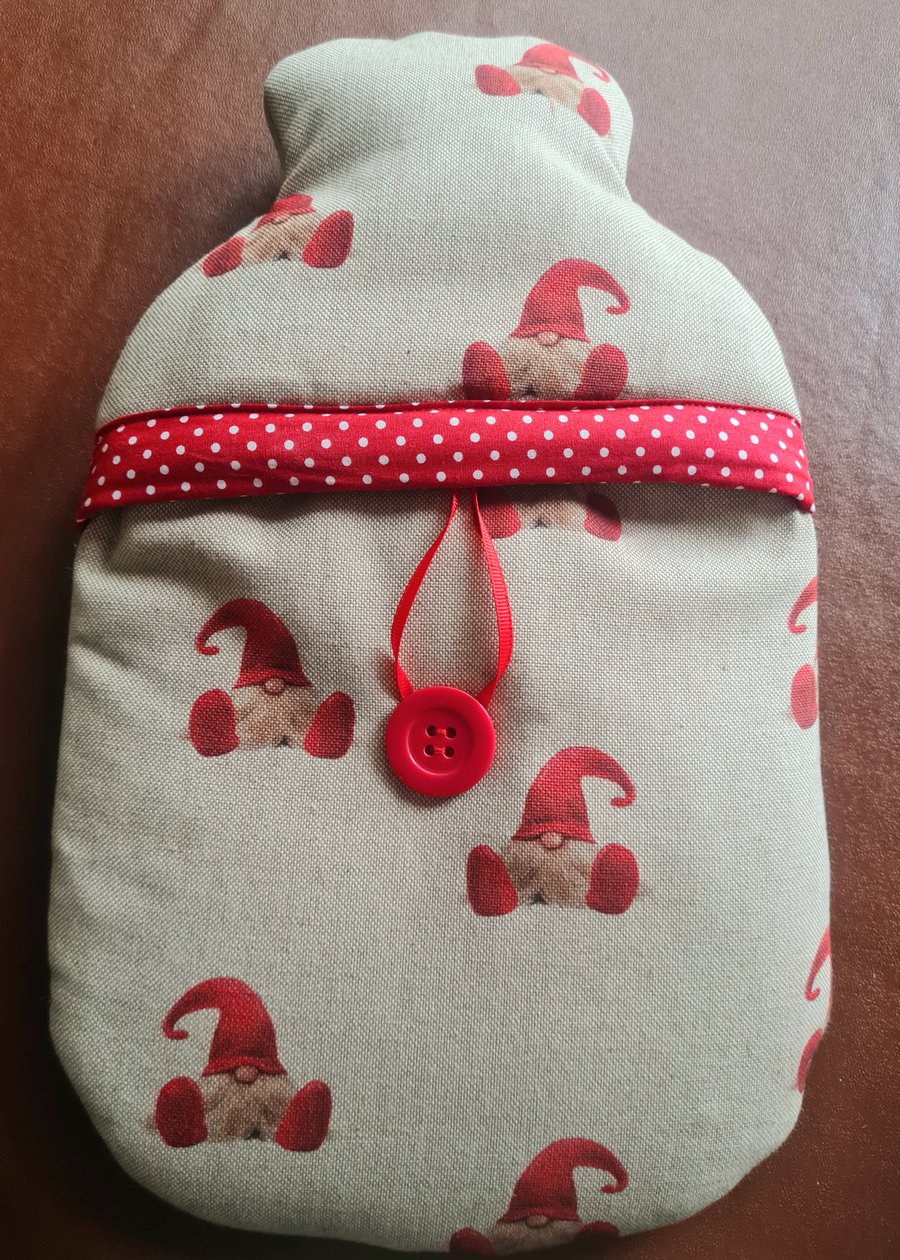 Hot water bottle cover in Christmas Gonk fabric 