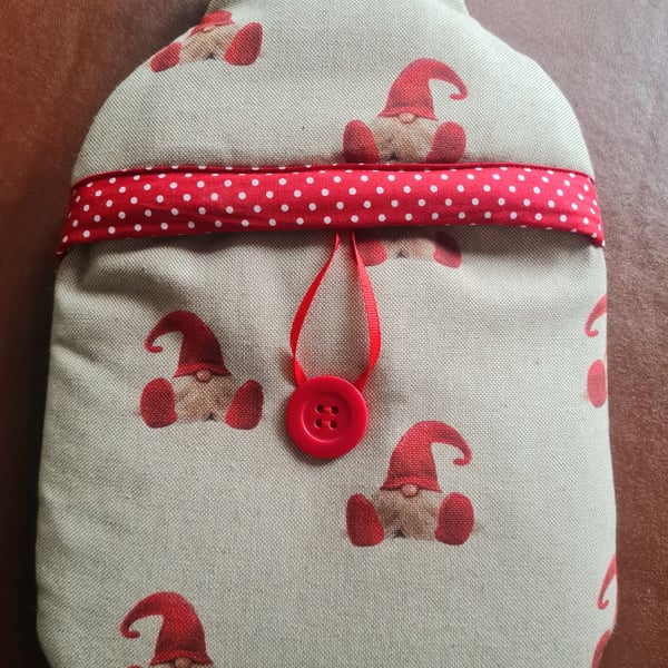 Hot water bottle cover in Christmas Gonk fabric 