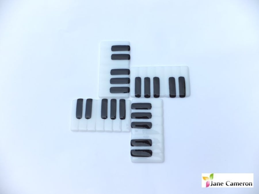 Set of 4 Piano "tea and biscuit" Coasters, Black and White fused glass, music