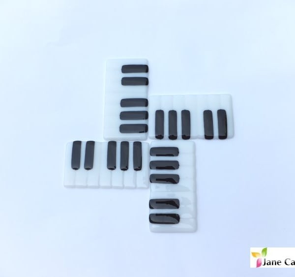 Set of 4 Piano "tea and biscuit" Coasters, Black and White fused glass, music