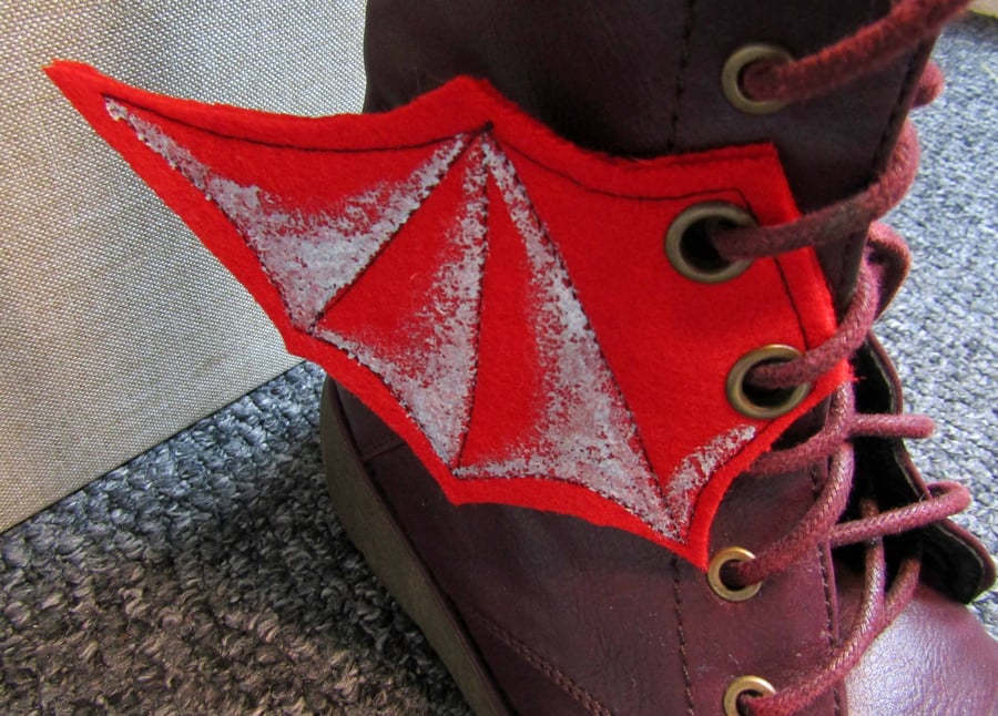 Steampunk Fabric Boot Wings Bat Wings Red Silver