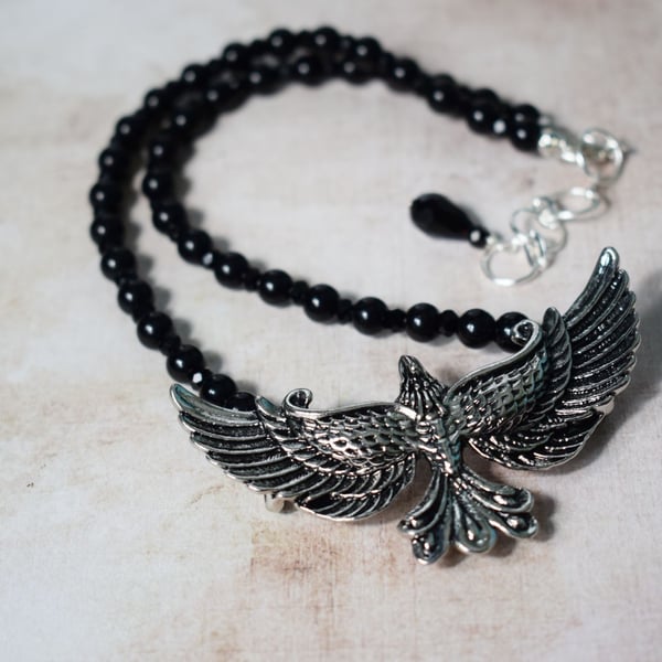 Phoenix Necklace with Black Glass Beads 