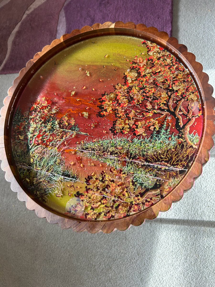 A hand painted and resin layered Wood table wit... Folksy