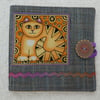 Sewing Needle Case with Applique Cat Panel. Gold Cat.