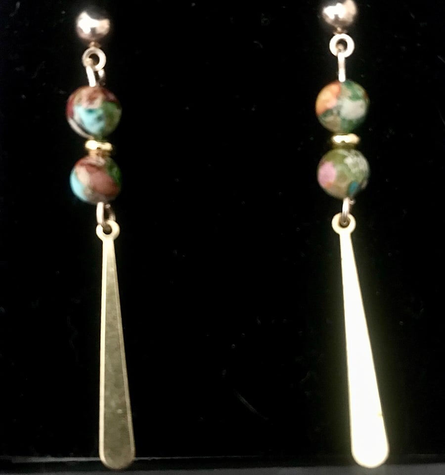 Earrings, Semi Precious Imperial Jasper - Dangle - Gold Plate