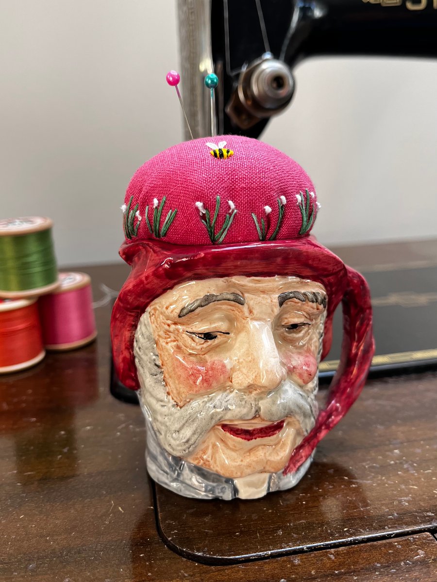 Pin cushion in repurposed vintage Toby jug embroidered flowers and bee