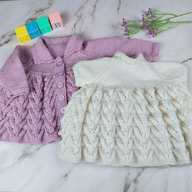 Hand Knitted Baby Dress and Cardigan Set, Lilac and White, 0-3 Months