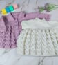 Hand Knitted Baby Dress and Cardigan Set, Lilac and White, 0-3 Months - Image 1