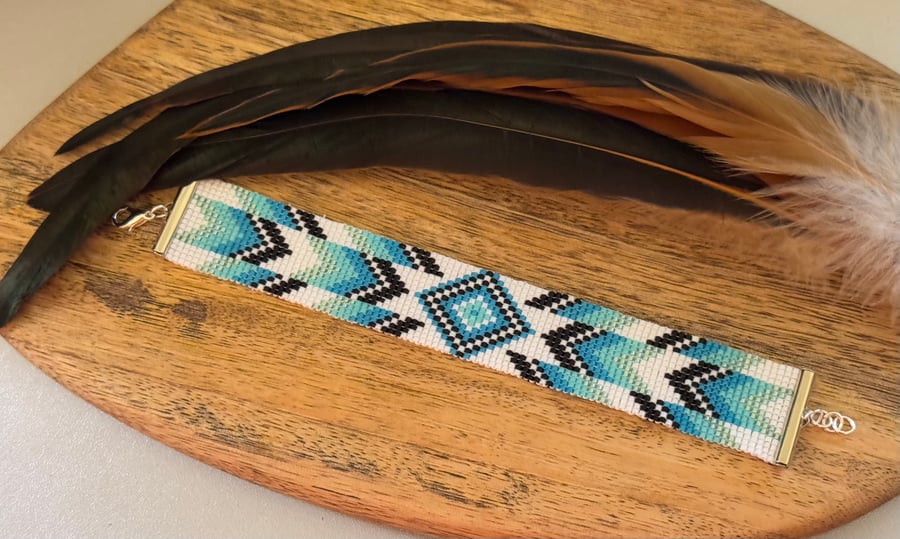 Native American beadwork bracelet in turquoise shades