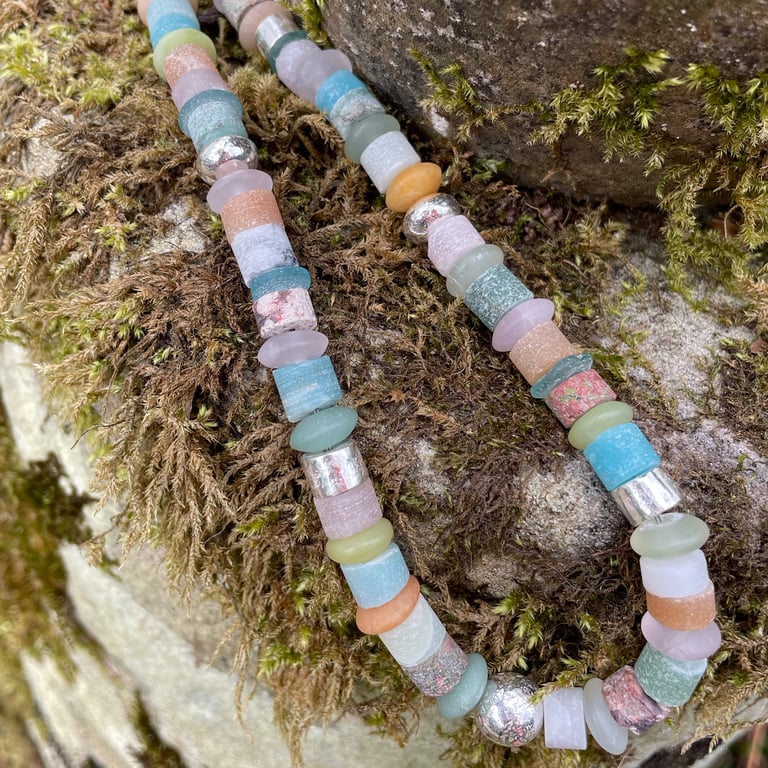 Sterling silver and gemstone chunky statement necklace in pastel spring colours