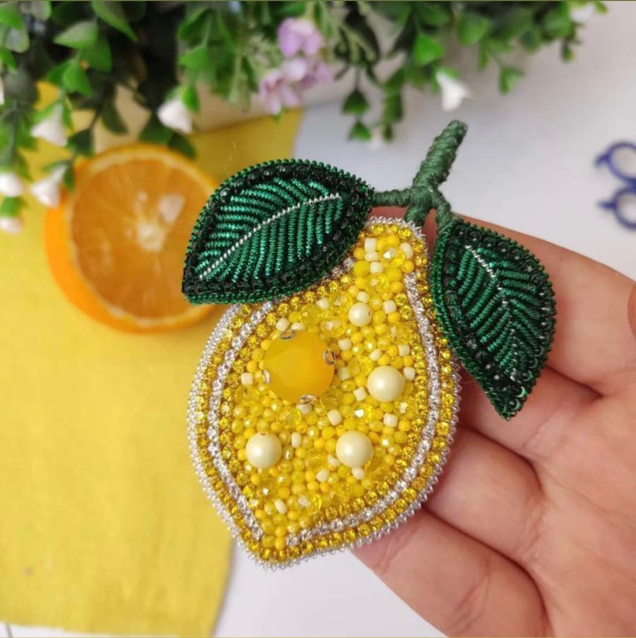 Fully handmade lemon brooch