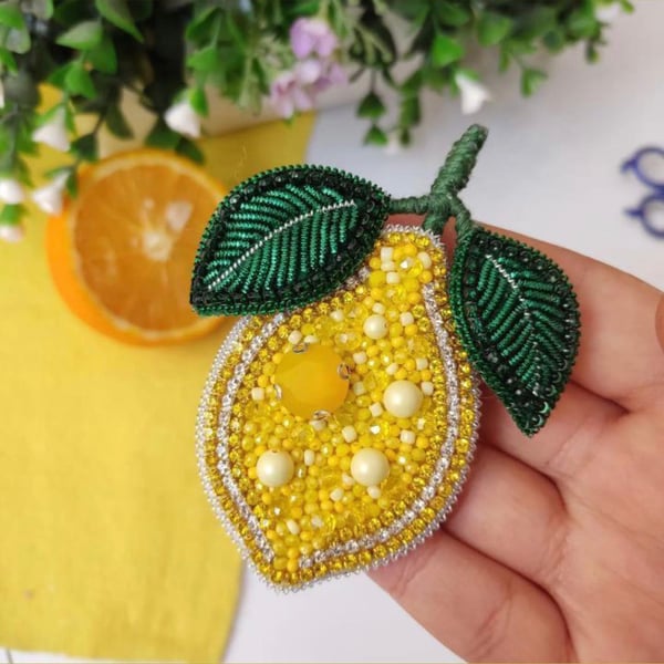 Fully handmade lemon brooch